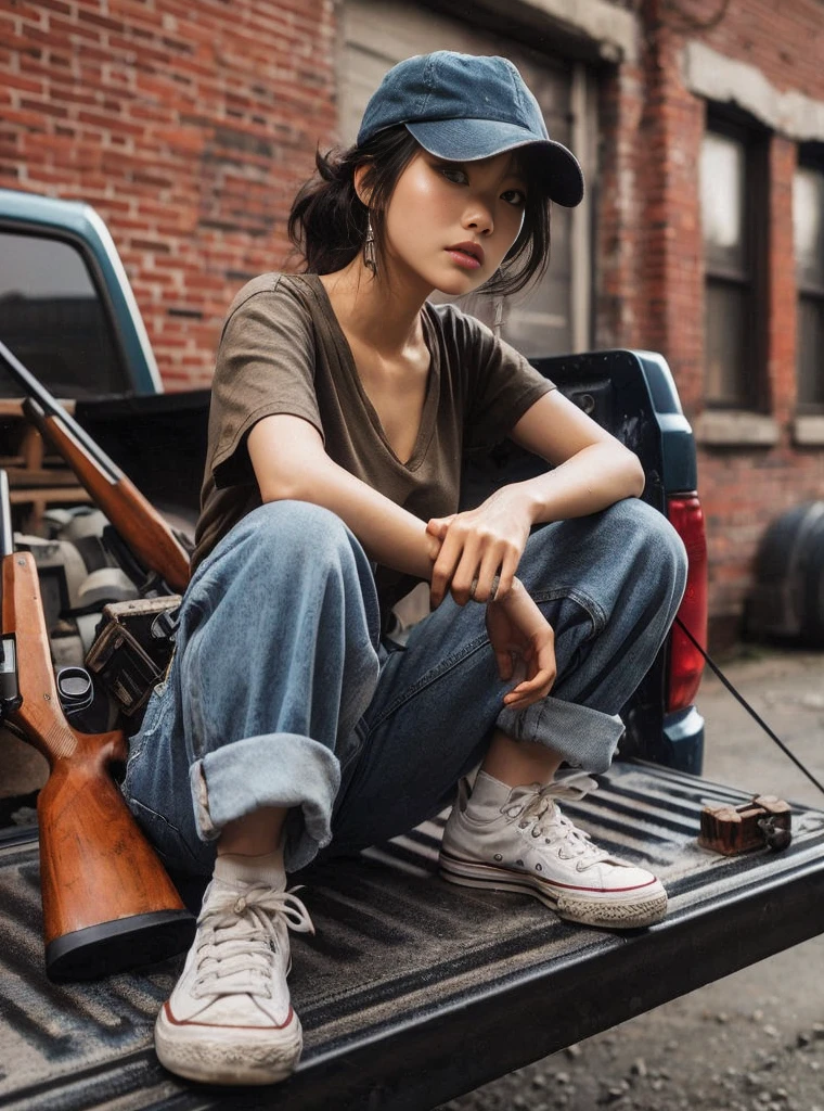 8K,Realistic Photo、Realistic Skin Texture、Superrealism、Japanese woman living in America、Operation、In a mid-sized American city、Old brick building、mortar、Loose Fit T-Shirt、Denim pants、Dirty sneakers、Hunting rifles、Dirty alley、Baseball Cap、Crouched in the bed of an old pickup、Natural pose、Innovative composition