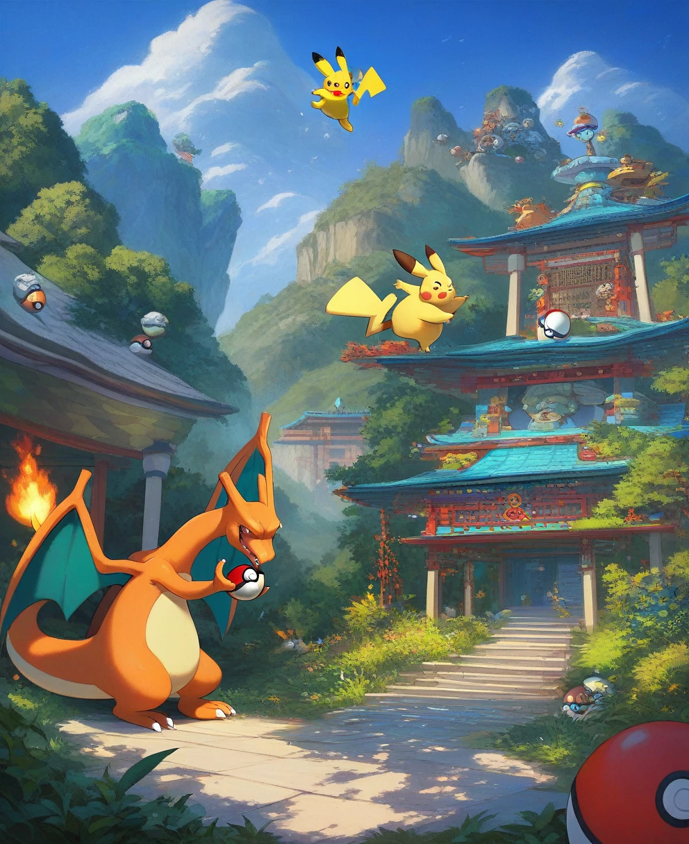 Pokémon trainer, Pokémon in the wild, Illustration Pokémon, main art, promotional artwork, ketchum gray, Pokémon, Pokémon Cap, offcial art, a hyper realistic, hyper-realistic adventure rendering, New Pokémon, offcial artwork, misty, Japan, art admirer, Pokémon inspired, A bald Japanese man holding a Poké Ball, standing in front of Senso-ji Temple in Tokyo. Pikachu and Charizard are in the background, interacting. The scene is vibrant and full of tourists.