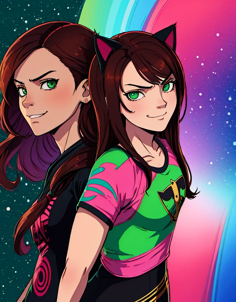 shadmanv1, anime girl, brown hair, upper body, arms behind back, looking at viewer, smug, smirk, rose nebula background, long hair, green eyes, black cat ears, drapeau du maroc t-shirt,