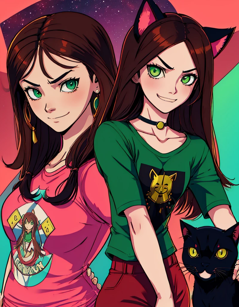 shadmanv1, anime girl, brown hair, upper body, arms behind back, looking at viewer, smug, smirk, rose nebula background, long hair, green eyes, black cat ears, drapeau du maroc t-shirt,