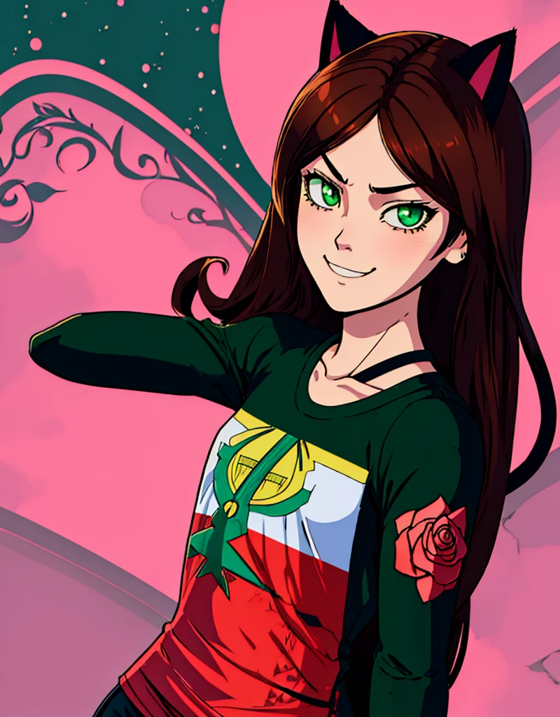 shadmanv1, anime girl, brown hair, upper body, arms behind back, looking at viewer, smug, smirk, rose nebula background, long hair, green eyes, black cat ears, drapeau du maroc t-shirt,