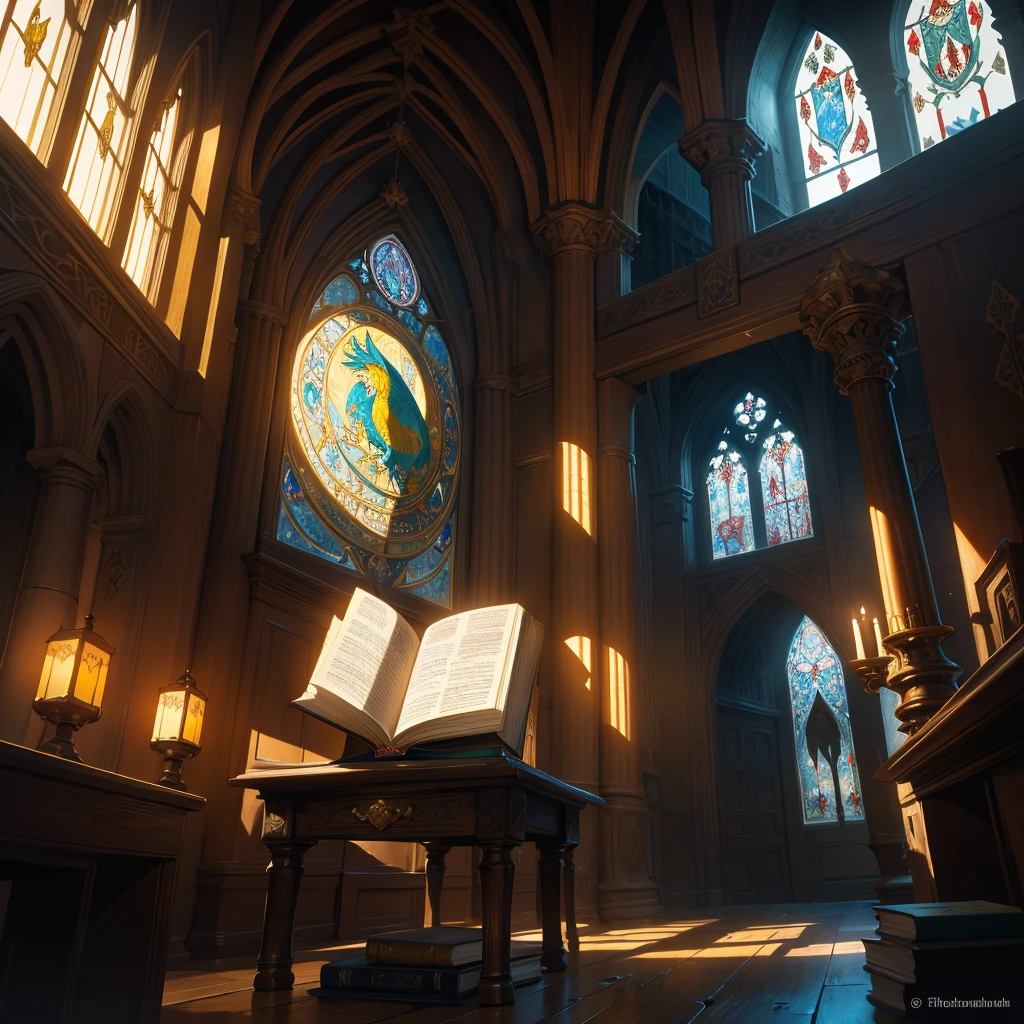 Imagine a medieval table bathed in the warm glow of sunlight streaming through leaded glass windows. On its weathered surface rests an open book, its pages filled with intricate calligraphy and illuminated illustrations depicting mythical beasts and ancient landscapes. Surrounding the table, flickering candlelight casts dancing shadows, enhancing the ambiance of scholarly solitude in this serene medieval study. Capture the timeless allure of knowledge and exploration,