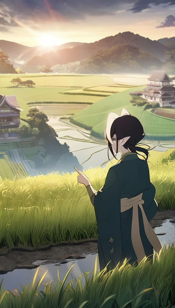 1man, elven ears, land god, dark black hair, short spike hairstyle, glowing grey eyes, terraced rice paddy field, pointing, elegant thai clothes,