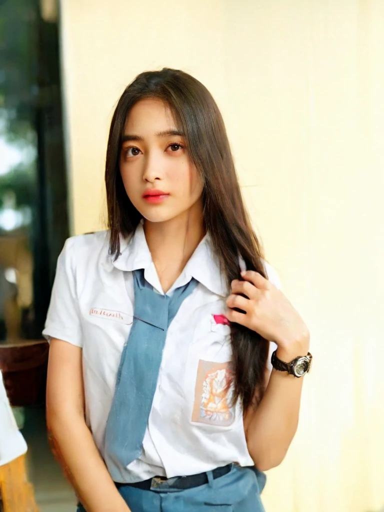 4k, high definition, RAW, best quality, indonesian high school girl, 1girl, beautiful detailed eyes, beautiful detailed lips, extremely detailed face and features, longeyebrows, long eyelashes, , looking at camera, standing pose, intricate details, photorealistic, hyper detailed, high resolution, cinematic lighting, vibrant colors, natural lighting, soft shadows, clean aesthetic
