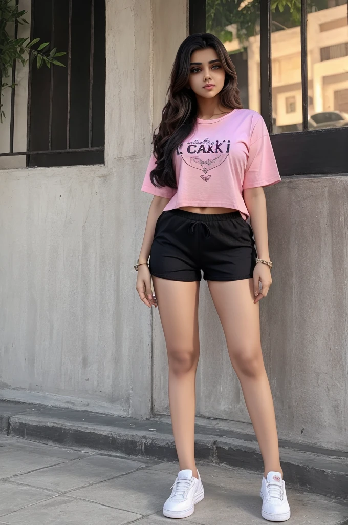 Ek drawing jismein ek ladki raat ko sadak per ghoom rahi hai aur phone per baat kar rahi hai use ladki ke bal chhote Hain light pink color ka over size ki t-shirt pahan rakha hai aur niche black color ka short pant rakha hai aur white color ke shoes pahan rakhe hain