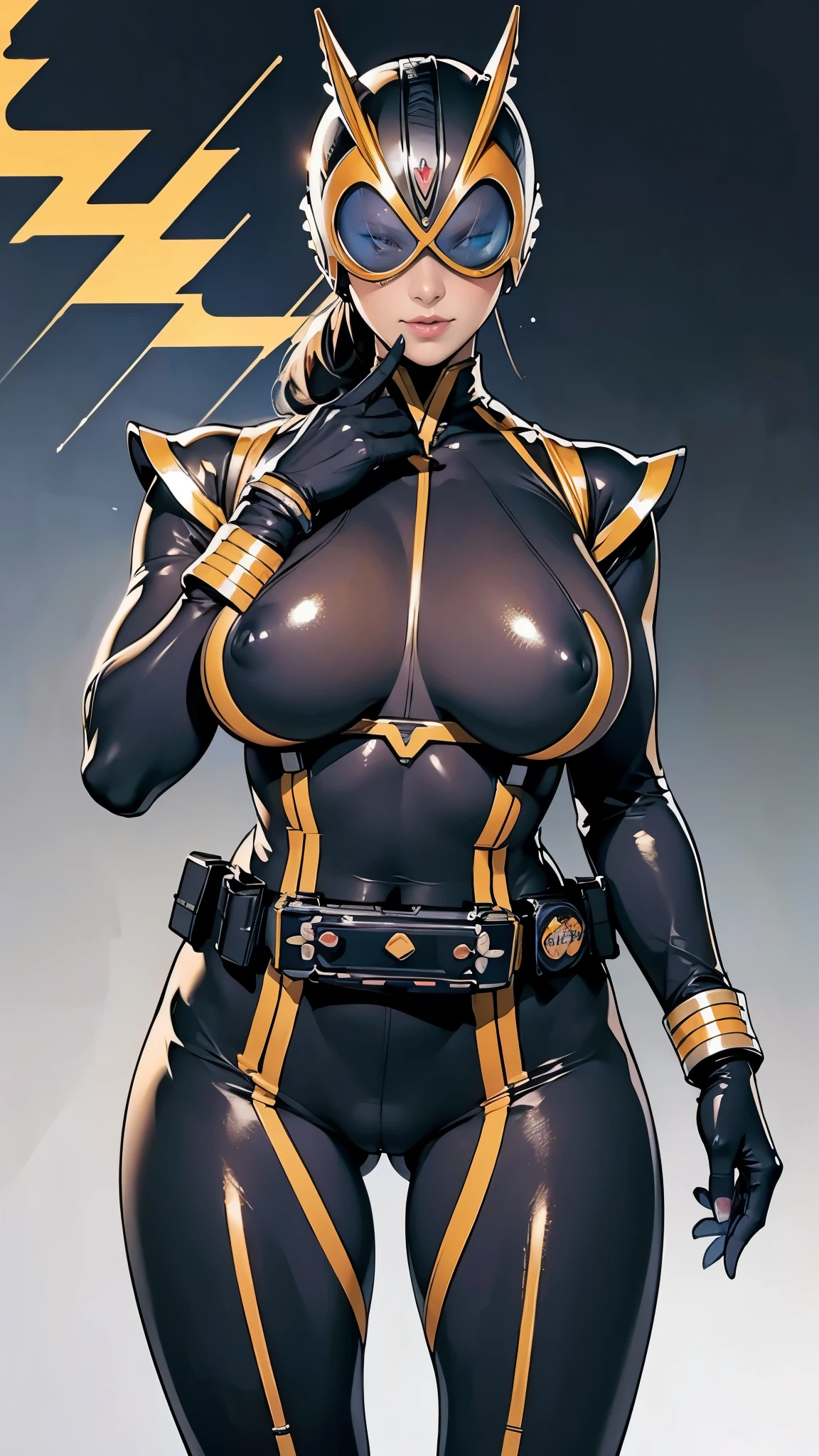 (masterpiece),(Highest quality),(Very detailed),(High resolution),8K,wallpaper,One Woman,Mature Woman,((Vulgarity,Functional,Voluptuous)),(Big Breasts,Thick thighs),front,((The Kamen Rider uniform is made of very thin fabric that cuts into the body.)),(rider belt,gloves, antenna,black Bodysuits,Bodysuits, ,belt, armor, Helmet),(((Flashy makeup))),)((cameltoe)))