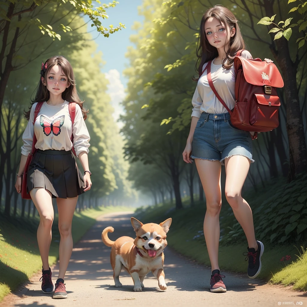 Attractive girl carrying a red backpack、An environment surrounded by beautiful greenery and nature、Enjoy spring outings with cute puppies. The illustrations are high definition illustrations with 4K resolution..、smile、Ultra-detailed:1.0 (figure, step piece line drawing,Features highly detailed facial features and cartoon-like visual butterfly dancing。)