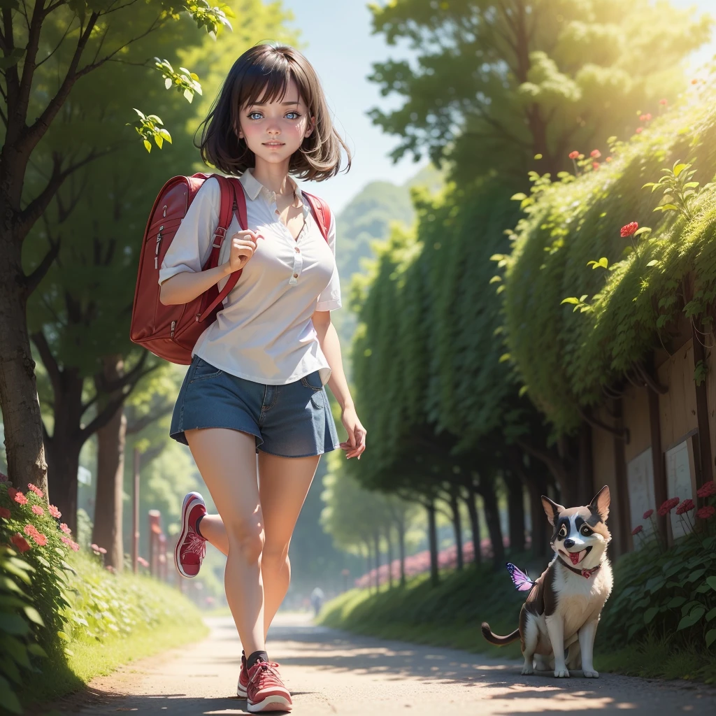 Attractive girl carrying a red backpack、An environment surrounded by beautiful greenery and nature、Enjoy spring outings with cute puppies. The illustrations are high definition illustrations with 4K resolution..、smile、Ultra-detailed:1.0 (figure, step piece line drawing,Features highly detailed facial features and cartoon-like visual butterfly dancing。)