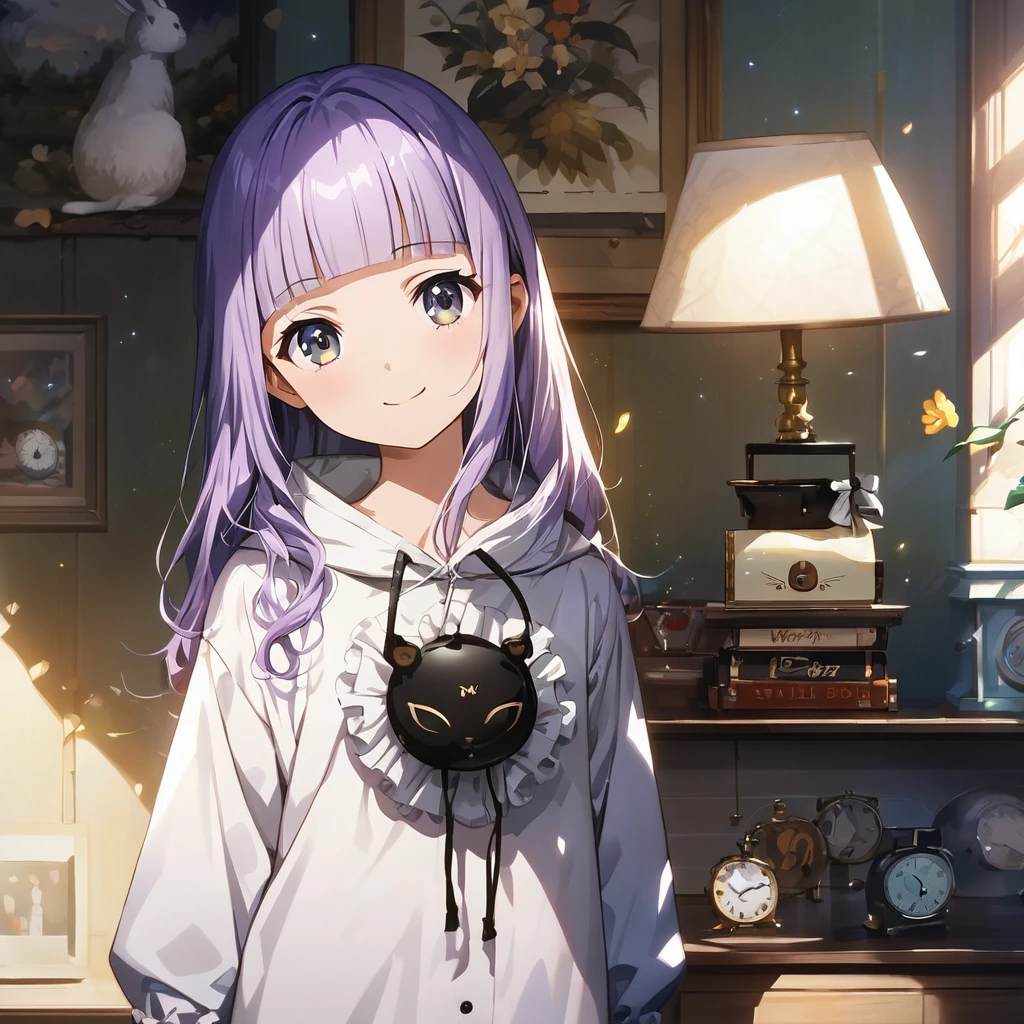 a white rabbit costume from Alice in Wonderland with Alarm Clock,(Cute a girl:1.5), (masterpiece:1.3), anime visual, (Lovey-dovey:1.5), (tilt head:1.3), extremely delicate face, realistic lighting and shading, (an extremely delicate and beautiful art:1.3),15 years old,smiling,(pale purple wavy and blunt bangs hair,green and black eyes:1.5)from front,fullbody shot,full body shot,