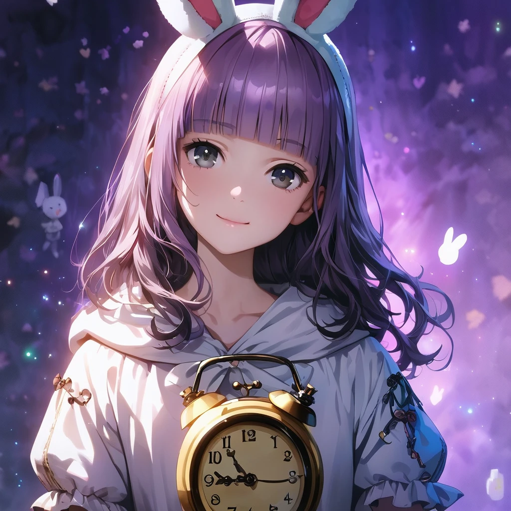 a white rabbit costume from Alice in Wonderland with Alarm Clock,(Cute a girl:1.5), (masterpiece:1.3), anime visual, (Lovey-dovey:1.5), (tilt head:1.3), extremely delicate face, realistic lighting and shading, (an extremely delicate and beautiful art:1.3),15 years old,smiling,(pale purple wavy and blunt bangs hair,green and black eyes:1.5)from front,fullbody shot,full body shot,
