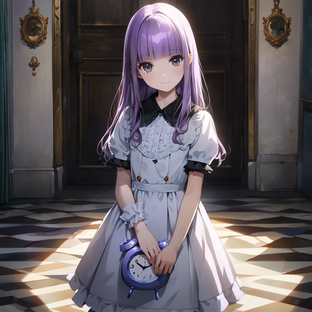 a white rabbit costume from Alice in Wonderland with Alarm Clock,(Cute a girl:1.5), (masterpiece:1.3), anime visual, (Lovey-dovey:1.5), (tilt head:1.3), extremely delicate face, realistic lighting and shading, (an extremely delicate and beautiful art:1.3),15 years old,smiling,(pale purple wavy and blunt bangs hair,green and black eyes:1.5)from front,fullbody shot,full body shot,