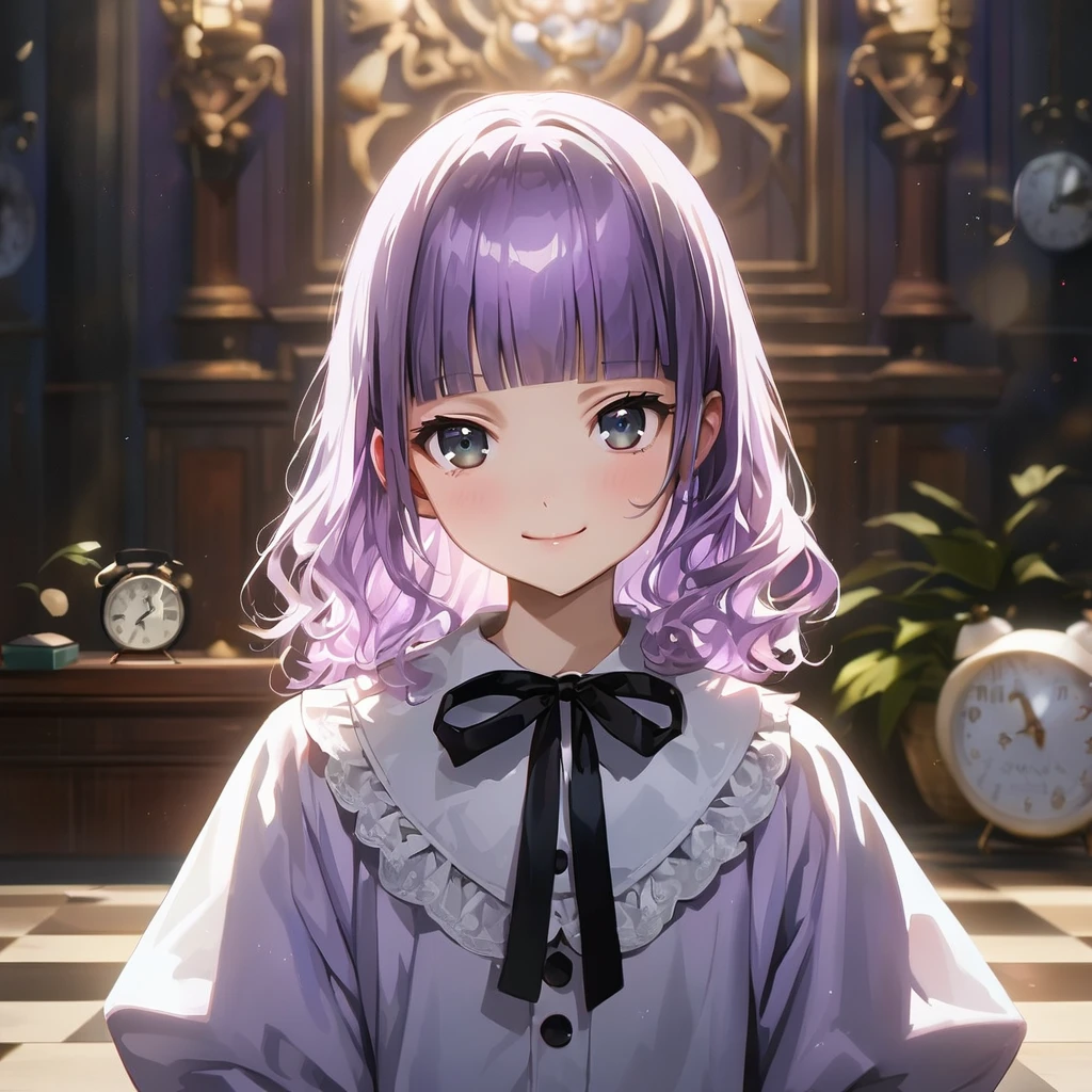 a white rabbit costume from Alice in Wonderland with Alarm Clock,(Cute a girl:1.5), (masterpiece:1.3), anime visual, (Lovey-dovey:1.5), (tilt head:1.3), extremely delicate face, realistic lighting and shading, (an extremely delicate and beautiful art:1.3),15 years old,smiling,(pale purple wavy and blunt bangs hair,green and black eyes:1.5)from front,fullbody shot,full body shot,