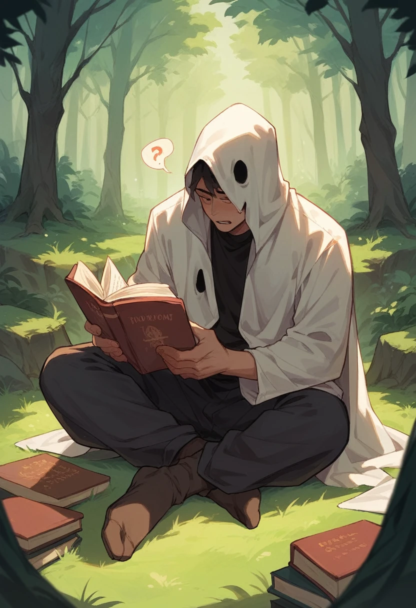 Man in ghost costume reading a book in the forest
