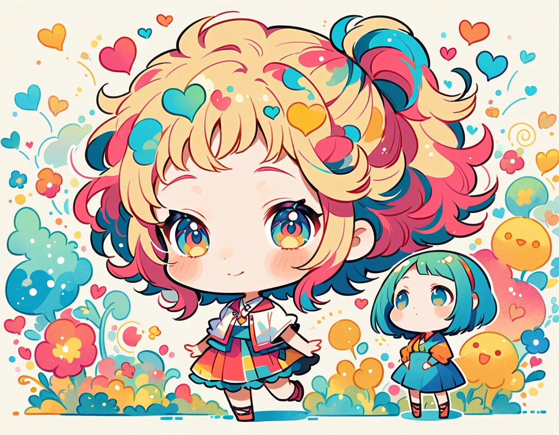 Mika Pikazo style, Simple Line Initialism，Abstract art，Urban Background, colorful hearts ,(((The most beautiful girl of all time))), (((chibi))), walking with Cute amoeba