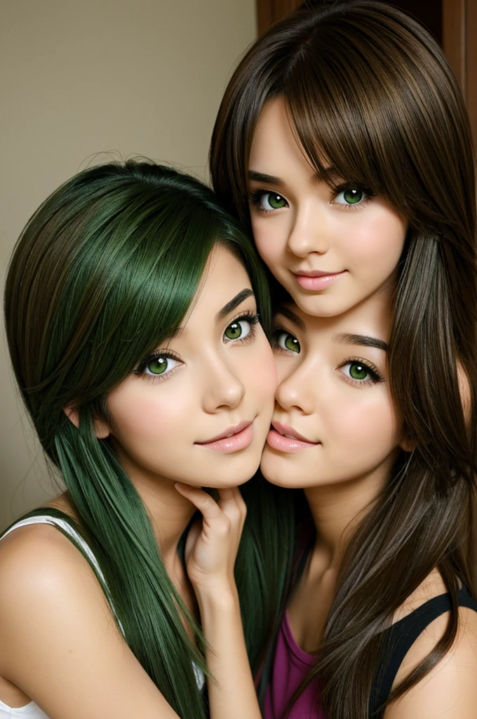 Girl with long brown hair kissing girl with short green hair. anime style