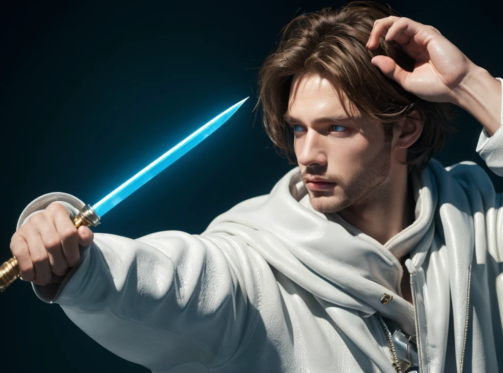 (best quality,4k,8k,highres,masterpiece:1.2), ultra-detailed, realistic:1.37, close up, young boy, holding glow dagger, room, brown hair, white leather jacket, blue eyes, intense gaze, focused expression, dramatic lighting, illuminated room, vivid colors, sharp focus, puprle shawl