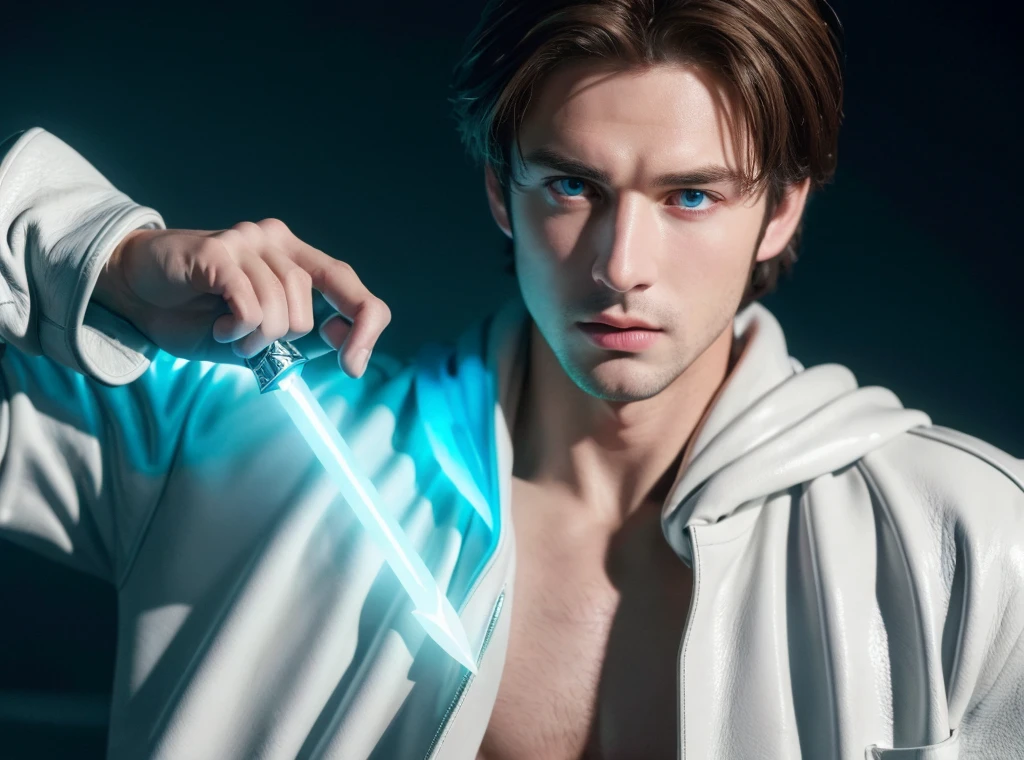 (best quality,4k,8k,highres,masterpiece:1.2), ultra-detailed, realistic:1.37, close up, young boy, holding glow dagger, room, brown hair, white leather jacket, blue eyes, intense gaze, focused expression, dramatic lighting, illuminated room, vivid colors, sharp focus, puprle shawl