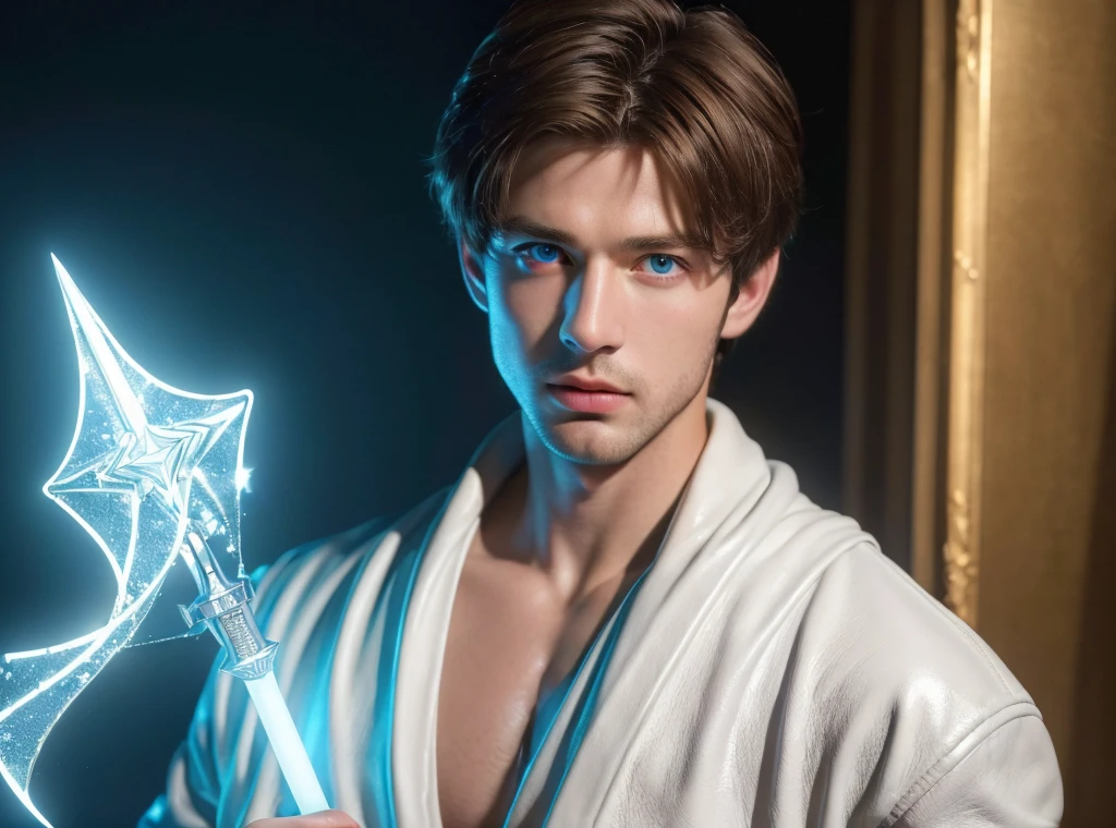 (best quality,4k,8k,highres,masterpiece:1.2), ultra-detailed, realistic:1.37, close up, young boy, holding glow dagger, room, brown hair, white leather jacket, blue eyes, intense gaze, focused expression, dramatic lighting, illuminated room, vivid colors, sharp focus, puprle shawl