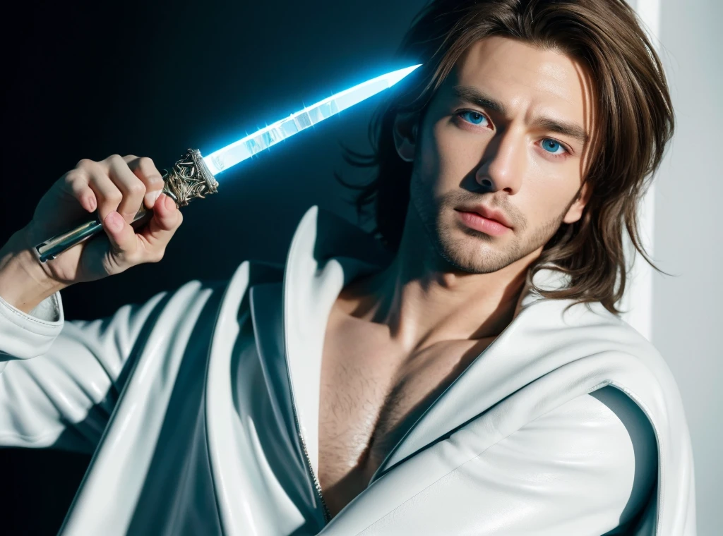 (best quality,4k,8k,highres,masterpiece:1.2), ultra-detailed, realistic:1.37, close up, young boy, holding glow dagger, room, brown hair, white leather jacket, blue eyes, intense gaze, focused expression, dramatic lighting, illuminated room, vivid colors, sharp focus, puprle shawl