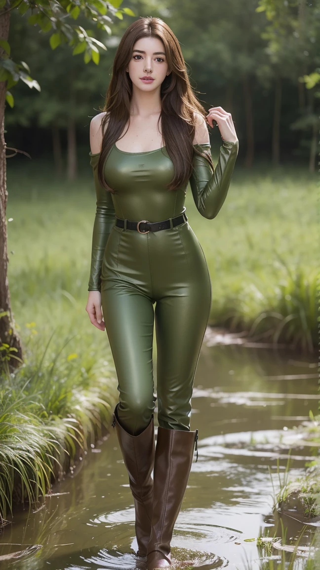 Young Anne Hathaway has long brown hair,Wearing a green shiny full body suit，Full breasts，Long legs，Over the knee boots，Wear a belt，standing in the swamp，The body was covered in mud stains，Full body picture，Realistic