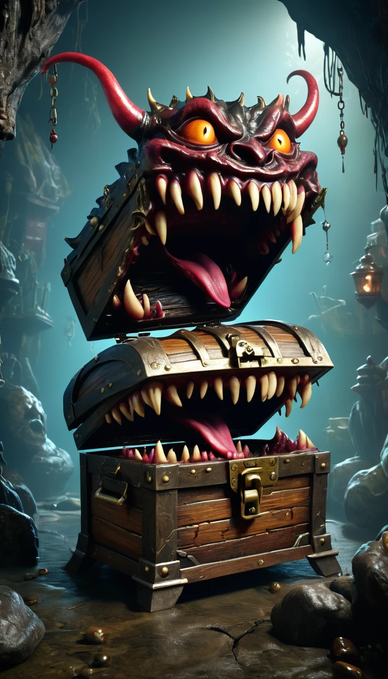 a dark, frightening, mimicked, levitating, mimic, treasure chest monster, with a bizarre tongue and malevolent teeth, (best quality,4k,8k,highres,masterpiece:1.2),ultra-detailed,(realistic,photorealistic,photo-realistic:1.37),horror,concept art