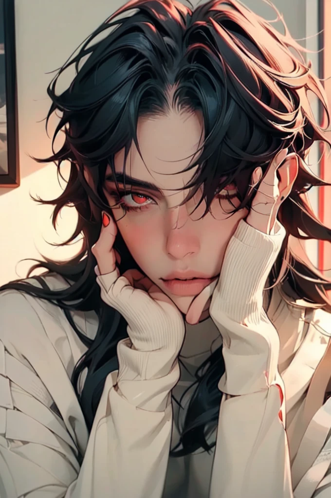masterpiece, best quality, 1boy, male focus, blade \(honkai: star rail\), red eyes, bangs, hair bangs covered one eyes, (white sweater:1.2), portrait, looking at viewer, indoors, bedroom, detailed face, detailed hands, hands on chin, chin resting on hands, full body. Small face