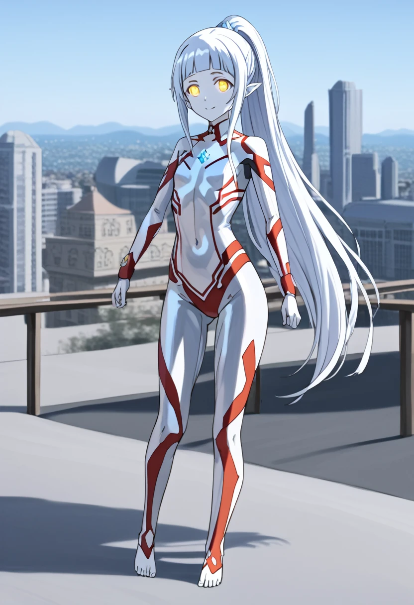 1girl, solo, anime style, 4k quality, masterpiece, best quality, sword art online, yui, long hair, blunt bangs, white hair, very long hair, high ponytail, pointy ears, elf, barefoot, ultrawoman, robot, colored skin, glowing eyes, yellow eyes, flat chest, giantess, giant, metallic face, metallic skin, shiny skin, chrome skin, gem on chest, colour timer on chest, chest jewel, blue jewel, muscular, abs, Female Bodybuilding Style. thick_thighs, looking at viewer, full body, smile, closed mouth, standing, giantess, outdoor, city, citycape, skyscraper