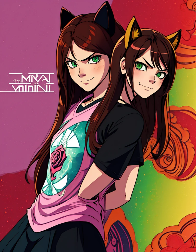 shadmanv1, anime girl, brown hair, upper body, arms behind back, looking at viewer, smug, smirk, rose nebula background, long hair, green eyes, black cat ears, morocco t-shirt,