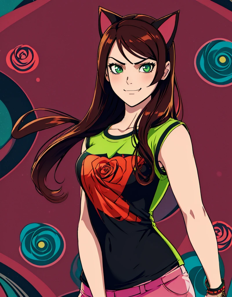 shadmanv1, anime girl, brown hair, upper body, arms behind back, looking at viewer, smug, smirk, rose nebula background, long hair, green eyes, black cat ears, morocco t-shirt,