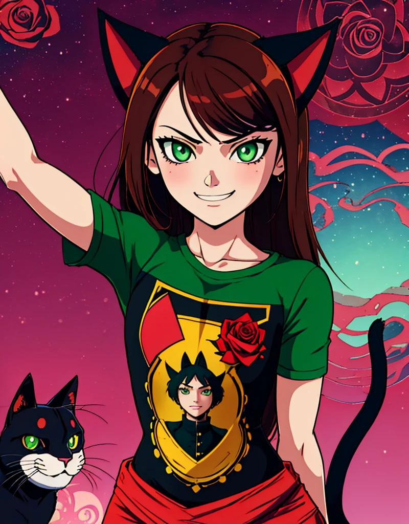 shadmanv1, anime girl, brown hair, upper body, arms behind back, looking at viewer, smug, smirk, rose nebula background, long hair, green eyes, black cat ears, morocco t-shirt,