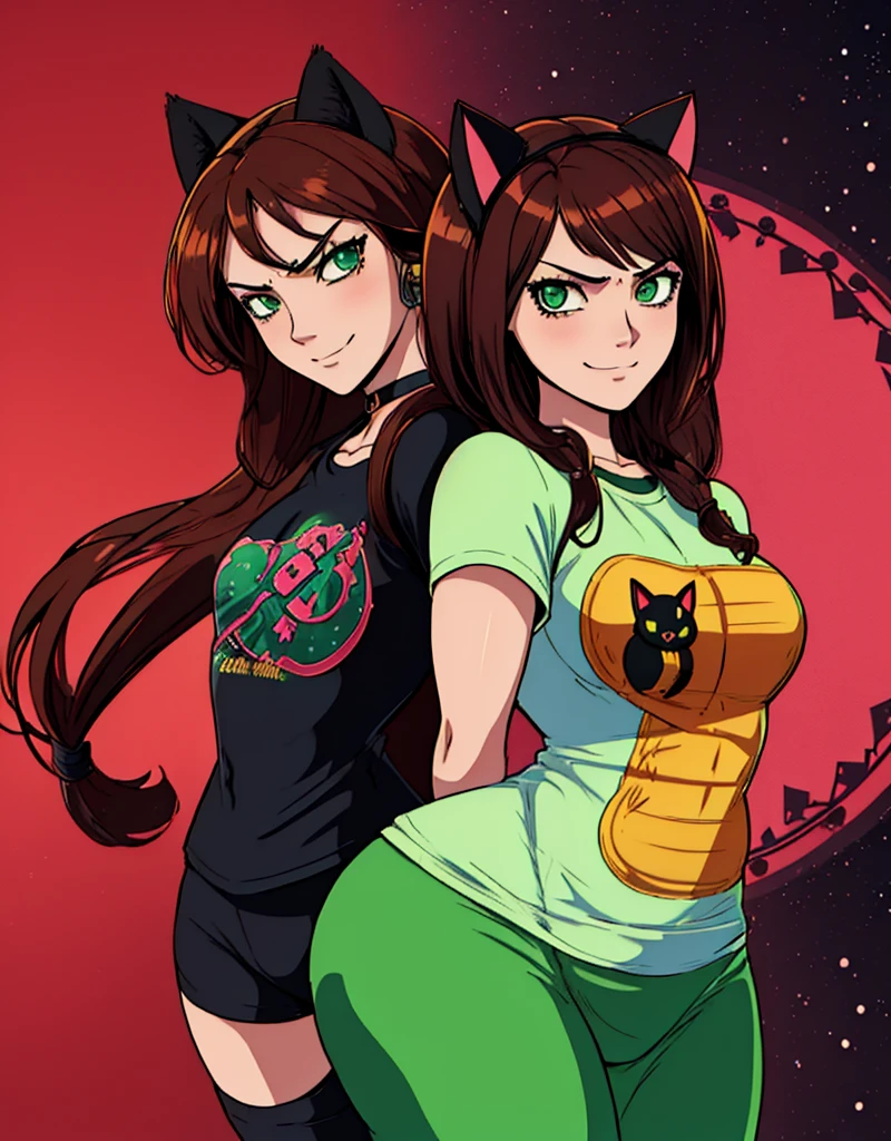 shadmanv1, anime girl, brown hair, upper body, arms behind back, looking at viewer, smug, smirk, rose nebula background, long hair, green eyes, black cat ears, morocco t-shirt,