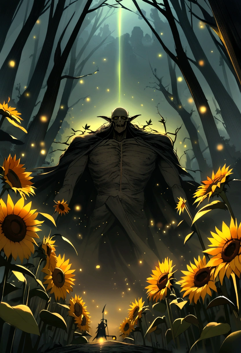 A dark forest with goblins made of sunflower and fireflies with death and his scythe