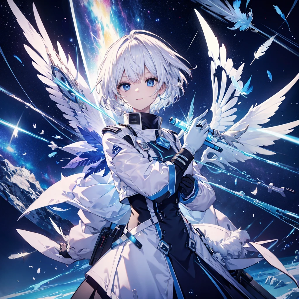 ((Archangel　Fantasy　White Hair　Short Hair Blue Eyes　1 person))　((There is a galaxy　uniform　Put on a coat without putting your arms through it))　(((Wings many times larger than mine　Glass Feather)))　((Spear of Light　Lightsabre　cyber punk　Smiling Kindly　front))　((tears　gloves))　(Broken glass　Rolling Pebble　Distorted Space-Time　star)　Catch the wind　milky way　Shining Background　Particles of light　rainbow colored edges　Shining Edges　star

