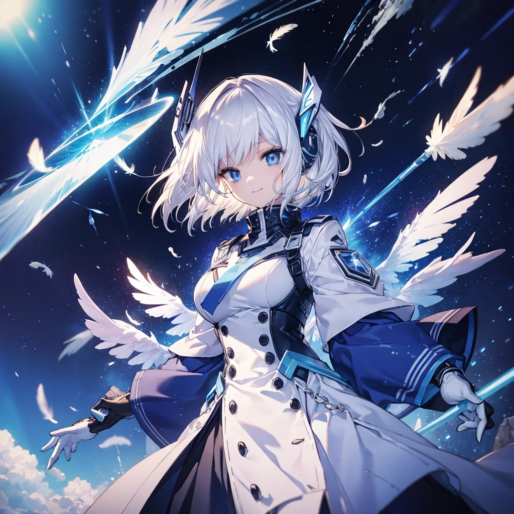 ((Archangel Fantasy White Hair Short Hair Blue Eyes 1 person)) ((There is a galaxy uniform Put on a coat without putting your arms through it)) (((Wings many times larger than mine Glass Feather))) ((Spear of Light Lightsabre cyber punk Smiling Kindly front)) ((tears gloves)) (Broken glass Rolling Pebble Distorted Space-Time star) Catch the wind milky way Shining Background Particles of light rainbow colored edges Shining Edges star