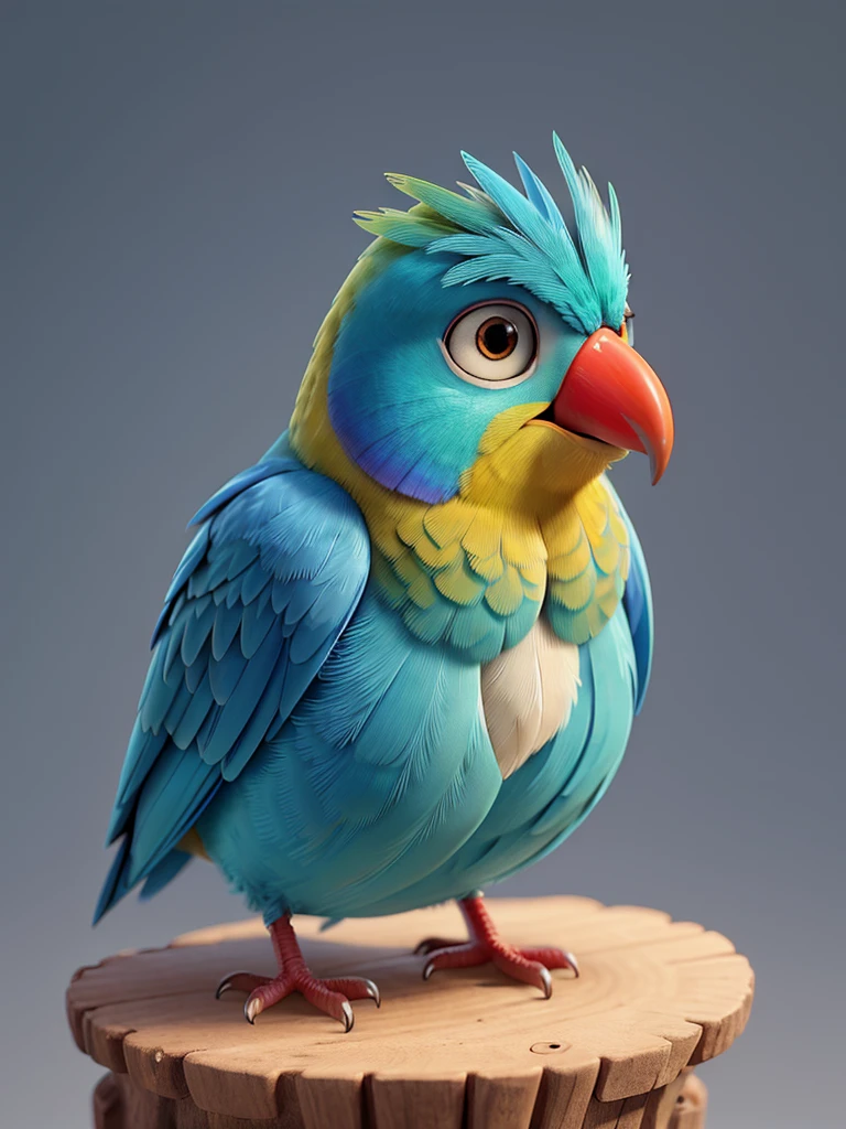 Create a highly detailed and lifelike digital painting of a Blue-crowned Hanging Parrot (Loriculus galgulus). Focus on capturing the vibrant green plumage, striking blue crown, and the bright red patch on its throat and rump. The bird should be depicted in a close-up view, perched delicately on a thin branch. Highlight the fine details of its feathers, the subtle variations in color, and the texture of its small, curved beak. Use a simple, blurred background with soft, natural tones to emphasize the bird's vibrant colors and intricate details. Include realistic lighting to bring out the sheen on its feathers and to create depth and dimension in the image. Capture the bird's curious and lively expression, showcasing its unique and beautiful features in a highly detailed and realistic manner."