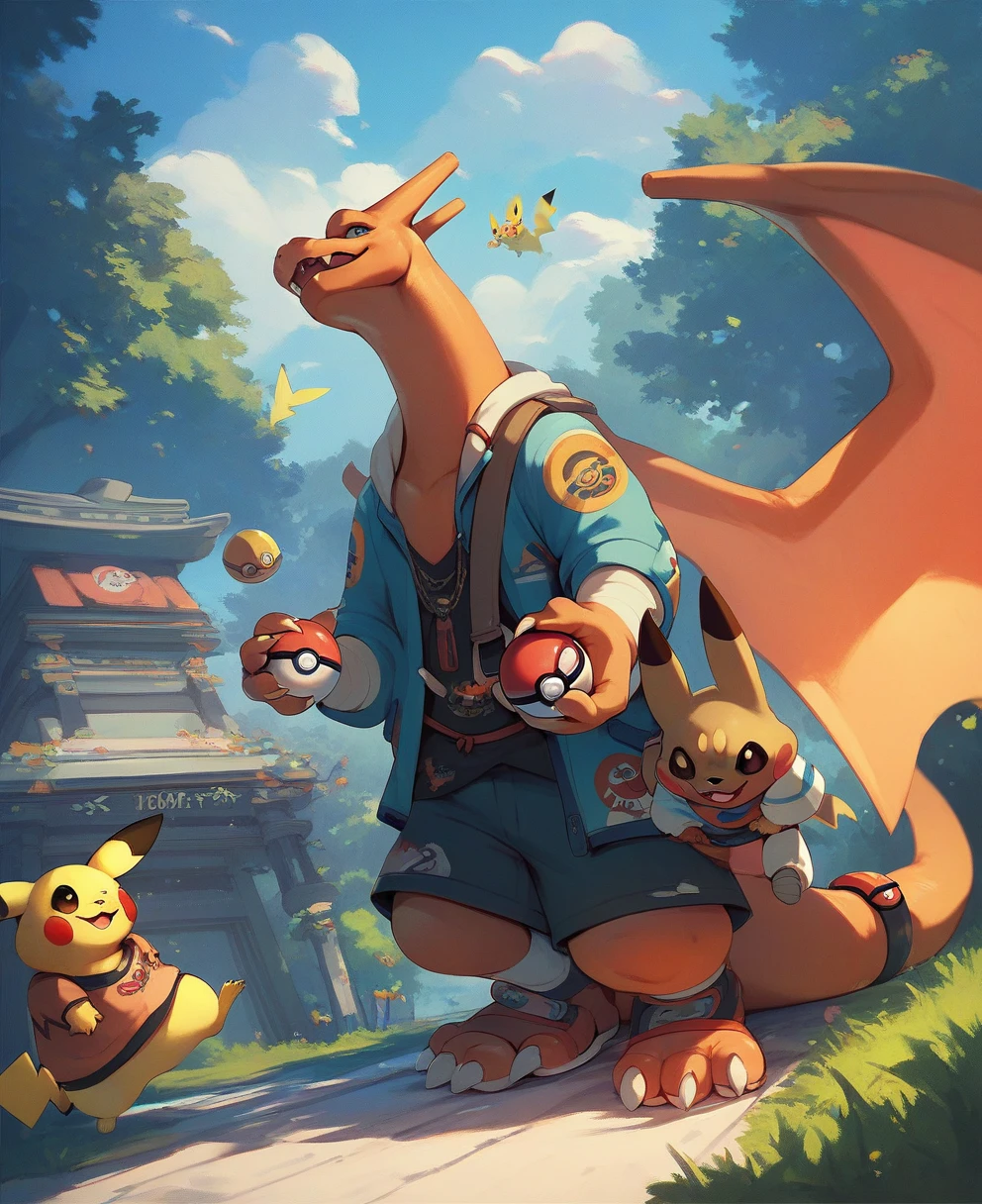 Pokémon inspired, A bald Japanese man holding a Poké Ball, standing in front of Senso-ji Temple in Tokyo. Pikachu and Charizard are in the background, interacting. The scene is vibrant and full of tourists.