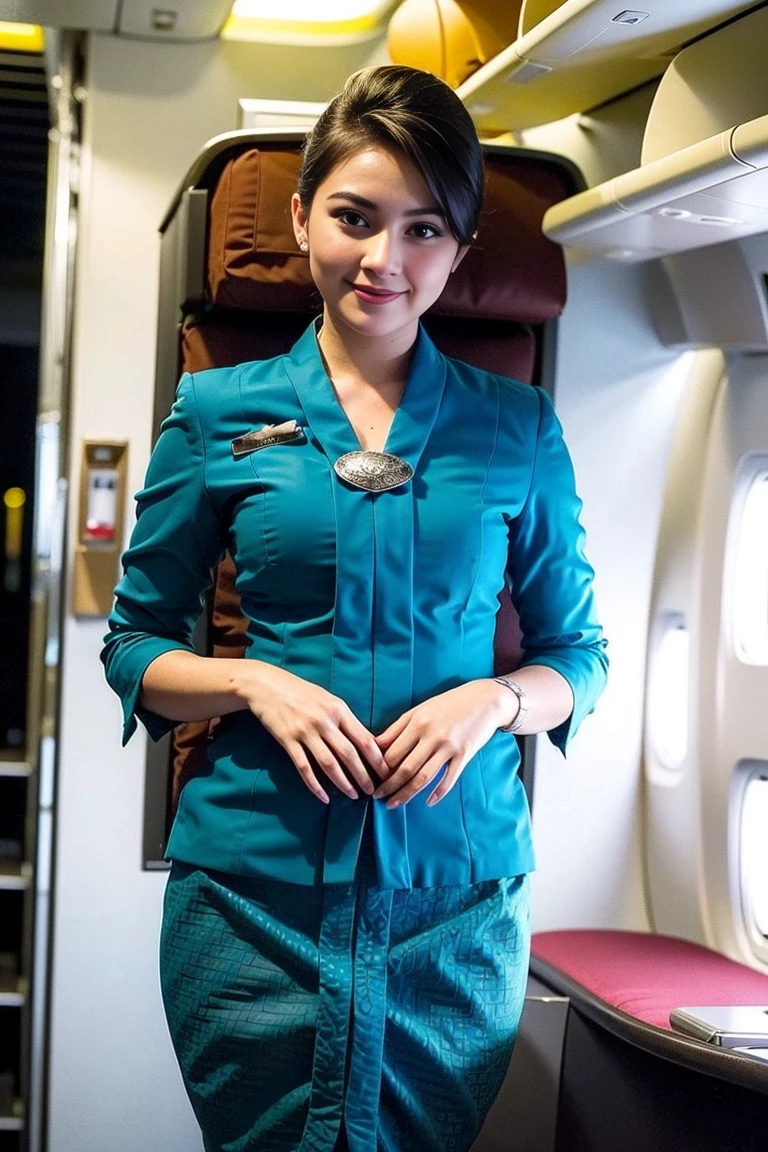 photo of a woman wearing garuda Indonesia uniform, stewardess uniform, stewardess behaviour, stewardess plane background, solo focus, posing for a photo, modelling for a photo, professional model, (detailed face), hand on hips, nsfw, show breasts, show tits, show boobs, show hips, show legs, show feet, boobs shown to the public, boobs shown to the camera, transparent outfit, open outfit, uncovered breasts, open mouth wide, super happy, super plump lips, spreading legs to camera, wearing the clothes but the upper is opened to the show the whole boobs, seductive, topless, show belly button, masterpiece, high-detail, the most pornographic airline stewardess in the world, (curvy, muscular body), (natural skin), legs, (plunging stewardess uniform:1.3), (seductive expression:1.2), (pornographic), jewelry, dynamic, various poses, empty passenger plane cabin background, (UHD, 8K wallpaper, High resolution), Cinematic lighting, physically-based rendering, award-winning, extremely detailed skin, extra detailed face, high detail eyes, Carl Zeiss 85 mm F/1.4, by Ellen von Unwerth, the light falls completely on the model's body, front light, light from the front of the model, show panties, first class passanger seat cabin, small boobs, small , flat chests