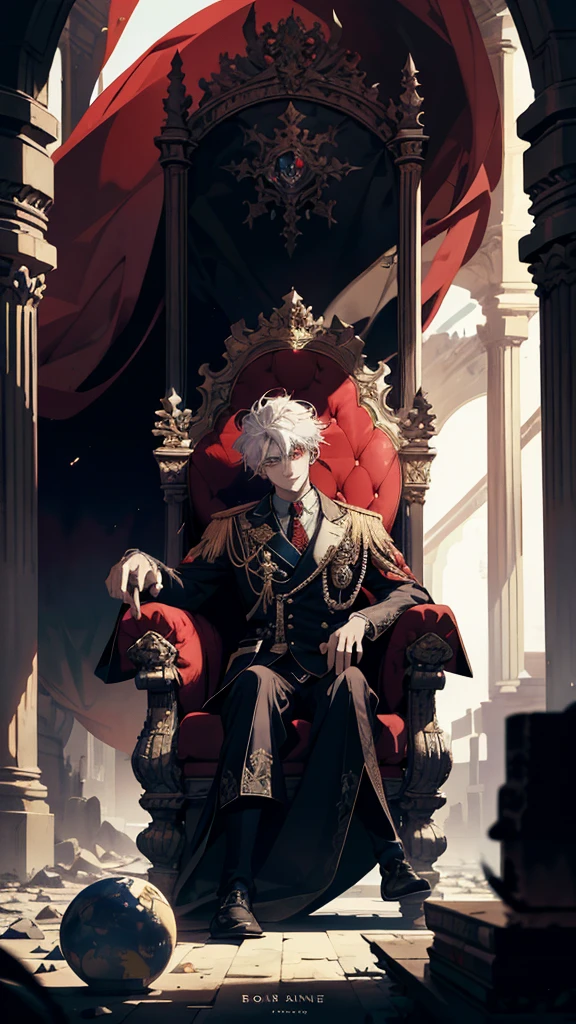white haired, A red-eyed prince sits on a majestic throne inside an abandoned palace. The environment around it is dark and gloomy,The throne is broken decorated, with details of gold and precious stones, and covered with a dusty cloth. When he looks at the horizon with glowing red eyes, Masterpiece, Best Quality, Ultra-detailed, illustartion, concept art in 8K resolution, Fantasy art, epic art, concept art wallpaper 4k, Deep color, natural lighting
