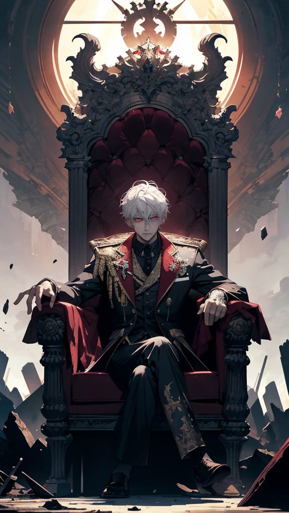 white haired, A red-eyed prince sits on a majestic throne inside an abandoned palace. The environment around it is dark and gloomy,The throne is broken decorated, with details of gold and precious stones, and covered with a dusty cloth. When he looks at the horizon with glowing red eyes, Masterpiece, Best Quality, Ultra-detailed, illustartion, concept art in 8K resolution, Fantasy art, epic art, concept art wallpaper 4k, Deep color, natural lighting