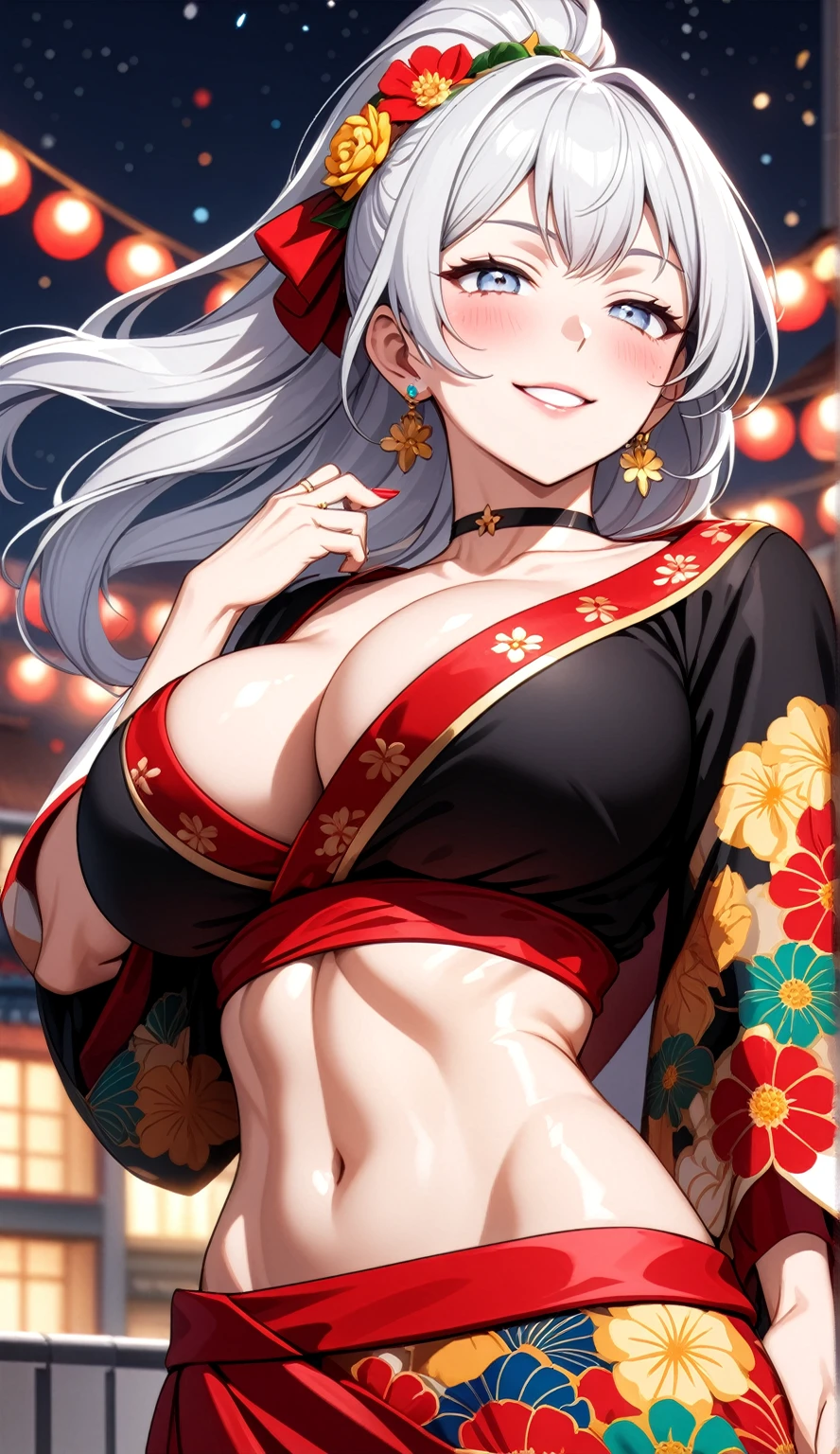 ((One personの女性)), Beautiful Face,(smirk),((Wink:1.9)), Laugh with your mouth wide open,((Bright red cheeks:1.4)),Shiny red lips,night,rooftop,Festive decorations,You can see the ocean, firework,Laughing with your mouth open,Glossy pink lips,Facial lighting,((Anime style background)),masterpiece, Highest quality, so beautiful,up to date, Complex details, (Pink long nails), (4fingers and 1thumbs), (ring),(bracelet),(choker),AI-generated, Complex,High resolution, Highest quality, super high quality,3D Images、3D Images,One person,Long white hair,High Ponytail,(blue eyes),Anime woman posing for a photo, ((fine grain、Silvery white colorful eyes、Shining Eyes:1.3)),(Squint your eyes:1.1),a hyperRealistic , hyperRealistic , Realistic,Anime woman with long white hair, Smooth anime CG art, A woman in a colorful kimono with gold embroidery, (Black long sleeve kimono),Red floral pattern,Long flower hair ornament,big floral earrings,Mature Body,(Big :1.1),expensive,Abdominal muscles,Tight waist,(Zoom up to face:1.7),Shooting from diagonally below