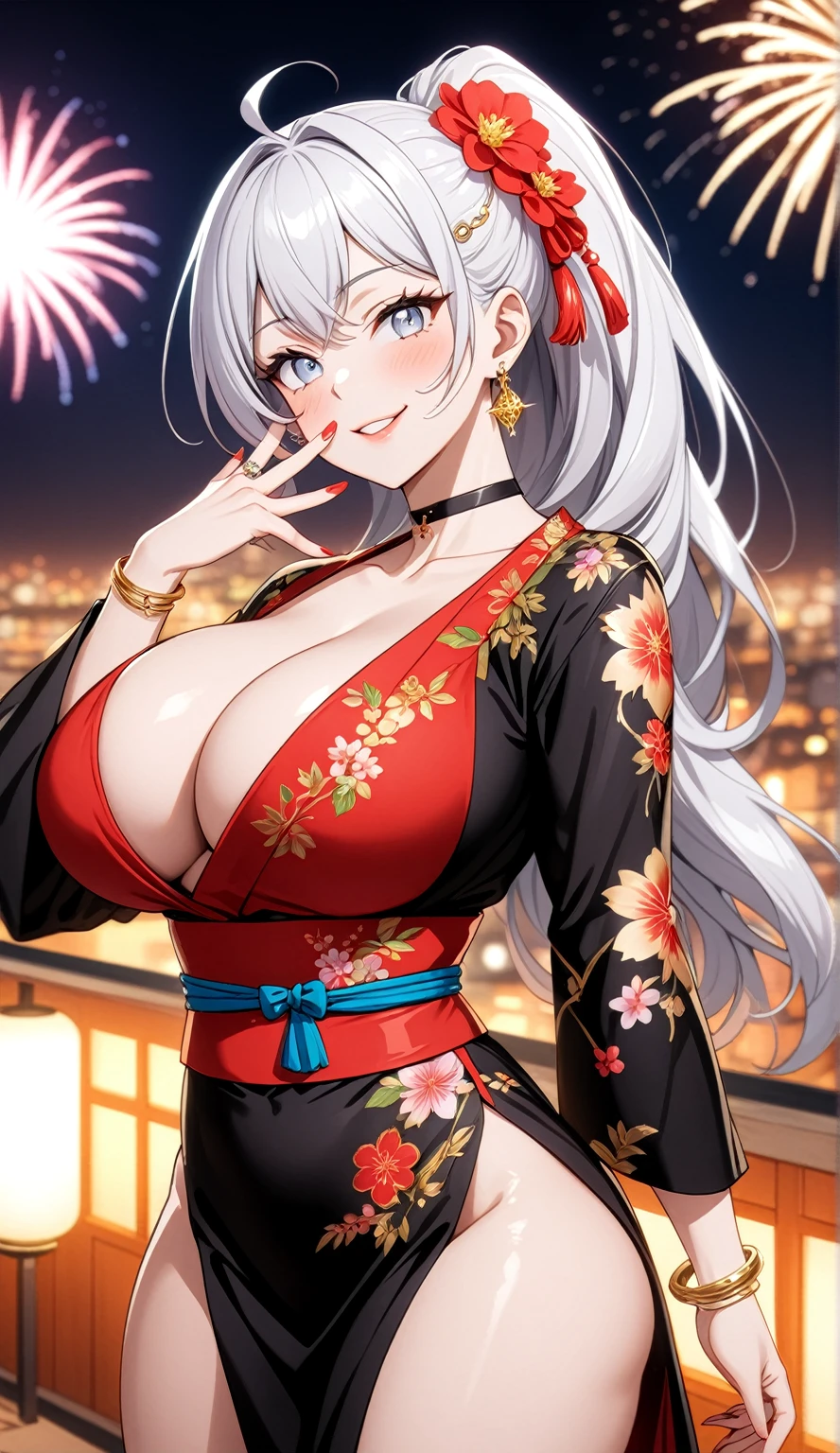 ((One personの女性)), Beautiful Face,(smirk),((Wink:1.9)), Laugh with your mouth wide open,((Bright red cheeks:1.4)),Shiny red lips,night,rooftop,Festive decorations,You can see the ocean, firework,Laughing with your mouth open,Glossy pink lips,Facial lighting,((Anime style background)),masterpiece, Highest quality, so beautiful,up to date, Complex details, (Pink long nails), (4fingers and 1thumbs), (ring),(bracelet),(choker),AI-generated, Complex,High resolution, Highest quality, super high quality,3D Images、3D Images,One person,Long white hair,High Ponytail,(blue eyes),Anime woman posing for a photo, ((fine grain、Silvery white colorful eyes、Shining Eyes:1.3)),(Squint your eyes:1.1),a hyperRealistic , hyperRealistic , Realistic,Anime woman with long white hair, Smooth anime CG art, A woman in a colorful kimono with gold embroidery, (Black long sleeve kimono),Red floral pattern,Long flower hair ornament,big floral earrings,Mature Body,(Big Breasts:1.1),expensive,Abdominal muscles,Tight waist,(Zoom up to face:1.7),Shooting from diagonally below