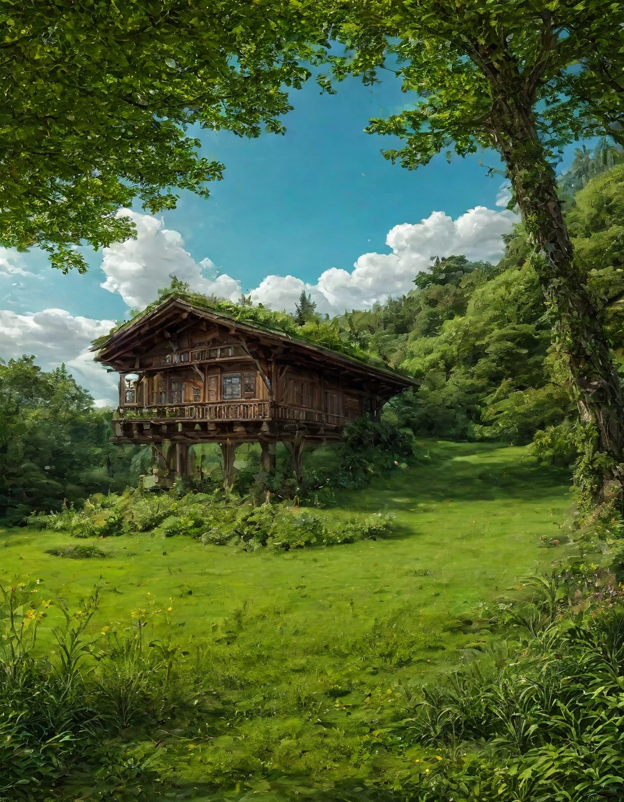 Gigantic green meadow with trees on the sides, an azure blue sky with white clouds. In the middle of the scene, il y a une maison en bois toute seule. [Timber house] [realistic] [scenery] [Nature]