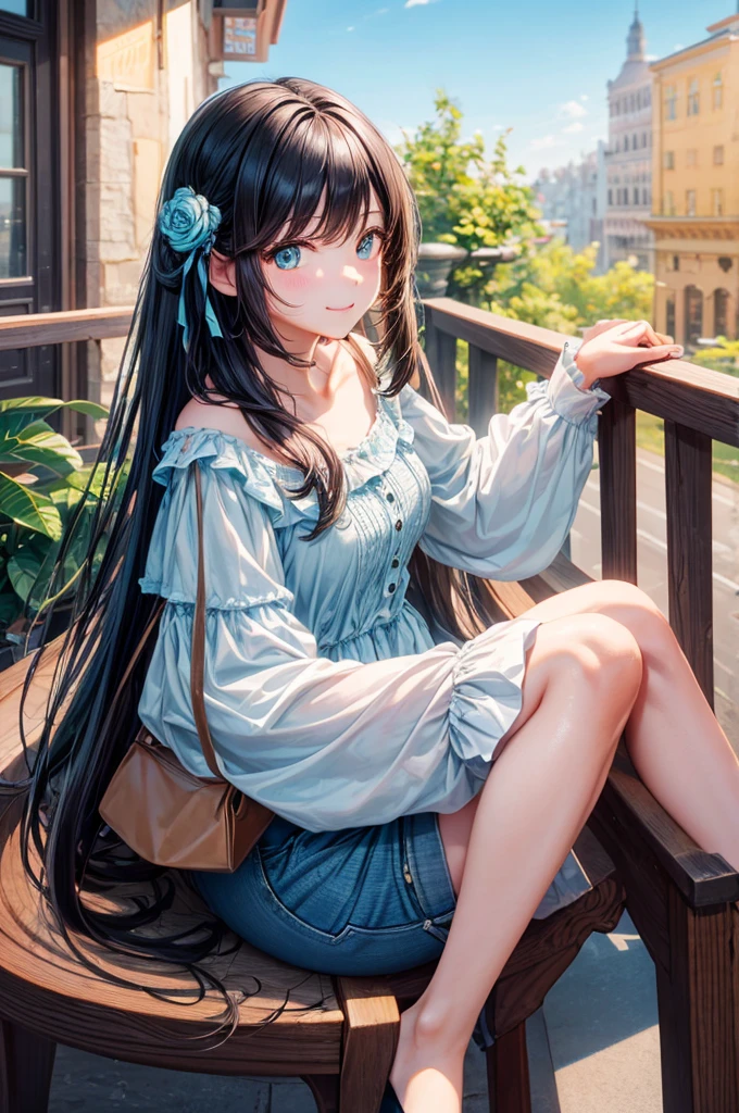(Hoan Lap,High resolution,Hyper Detail,Hmph),masterpiece,Highest quality,One girl ,good looking,Long black hair,Detailed face,Black-haired、Ruffled blouse、Cafe Terrace,date、denim、Dimples、,Glorious brilliance、Selfie,Light Smile,(Turquoise eyes)