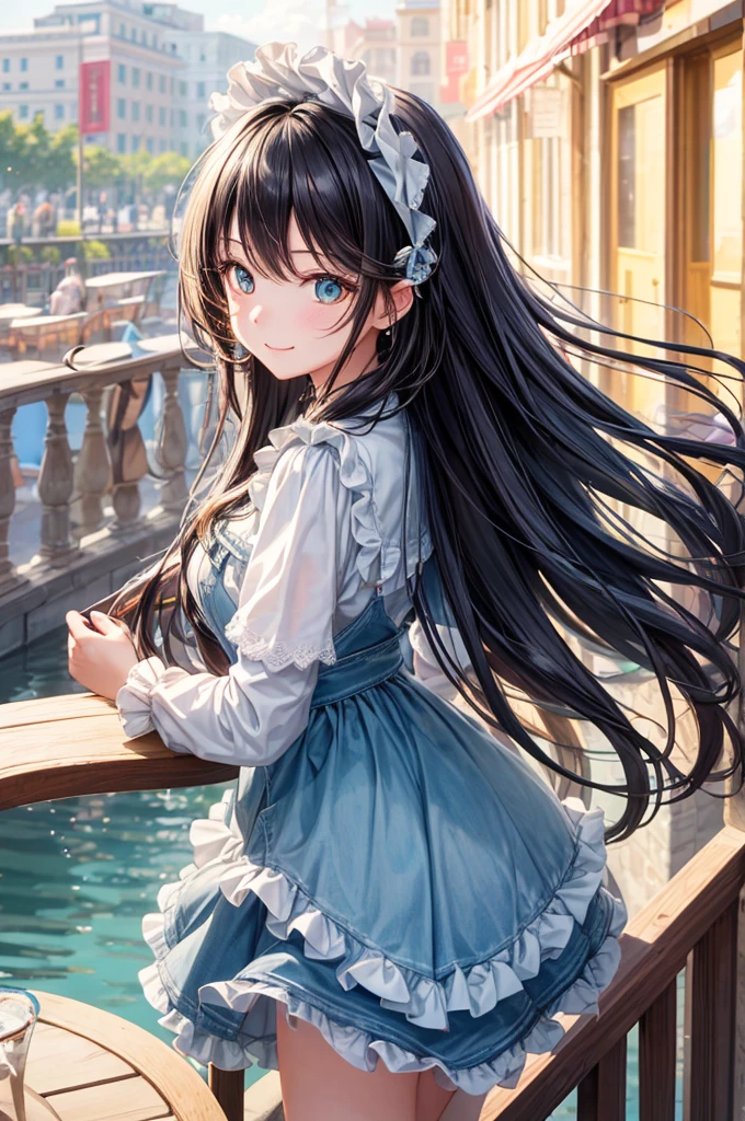 (Hoan Lap,High resolution,Hyper Detail,Hmph),masterpiece,Highest quality,One girl ,good looking,Long black hair,Detailed face,Black-haired、Ruffled blouse、Cafe Terrace,date、denim、Dimples、,Glorious brilliance、Selfie,Light Smile,(Turquoise eyes)