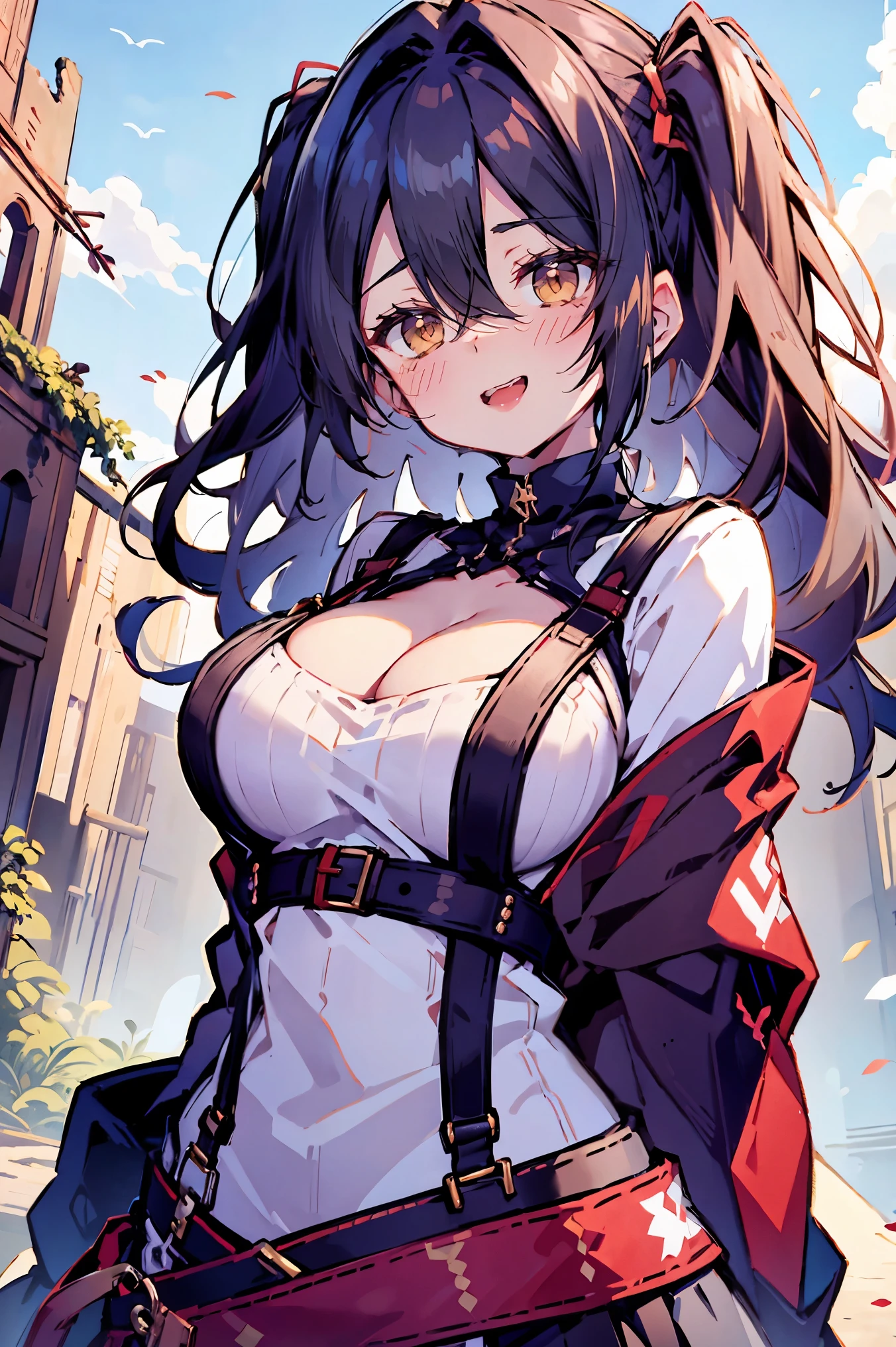 (masterpiece:1.2), (high quality:1.2), (hui xiyi:0.75), rekkyo sensen, rekkyou sensen, girls with((black hair, (tits cleavage:1.15), (breasts close up:1.15), (suspenders:1.2), (dress:1.05), (belts:1.2), (white knit sweater:1.2), exposed breasts, straps, (cross:1.05), (long wavy hair:1.35), (one side up:1.2), nun, (both hands:1.15), (perfect hands:1.05), (five fingers:1.05))), background with((fantasy world, ruin, castle, beautiful sky, shining sky, sunshine))