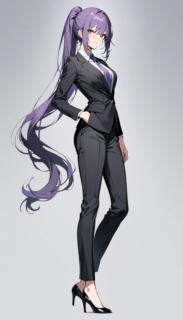 One girl、Purple Hair、ponytail、Long Hair、Brown eyes、suit、pumps、Are standing、whole body、Gray background、Highest quality、masterpiece