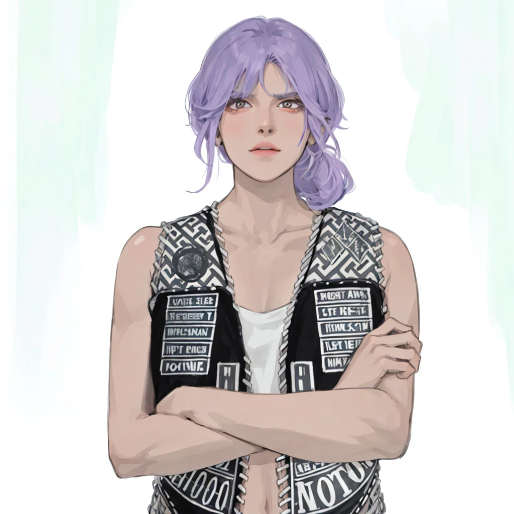 (masterpiece:1.2, best quality), (1girl, solo, upper body:1.2),flat face,Hair: buzz cut, Clothing: oversized, distressed denim jacket with patches and pins, paired with black skinny jeans and combat boots, Hanging out in an underground music venue or street art exhibit