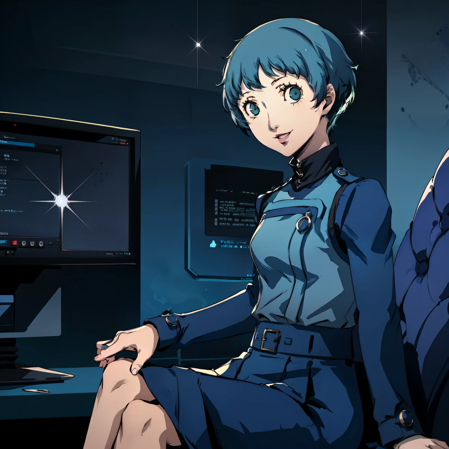 ((P3 Yamagishi Fuuka)),masterpiece, ((best quality)),((1 girl)), blue eyes, light aqua hair, female , tomboy Pixie haircut, deep blue suit,smiling,hacker,in the,dark room,sitting,looking monitor,long skirt,cute