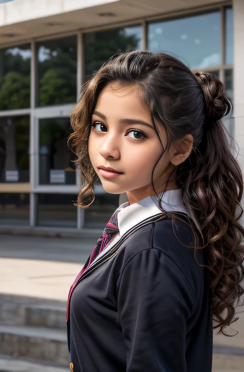 Outdoor image of yo in school school photo in school masterpiece, (photorealistic:1.7), best quality, beautiful lighting, Eleanor Venezuelan girl dark lipstick 13 Old small Breasts Plus random colour beautiful eyes extremely high Bun long extreme curly hair Lifts wearing salvar, ,
Waiting to start 
