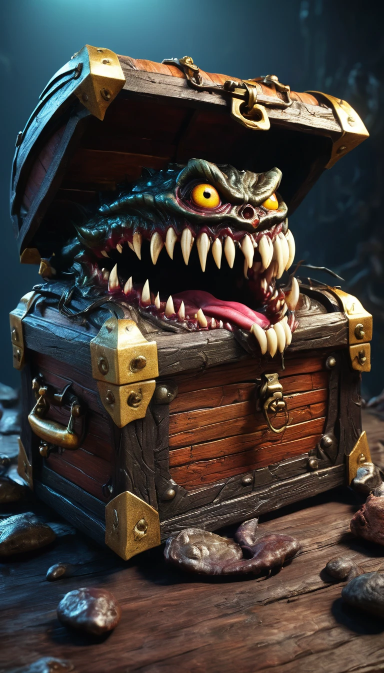 a dark, frightening, mimicked, levitating, mimic, treasure chest monster, with a bizarre tongue and malevolent teeth, (best quality,4k,8k,highres,masterpiece:1.2),ultra-detailed,(realistic,photorealistic,photo-realistic:1.37),horror,concept art